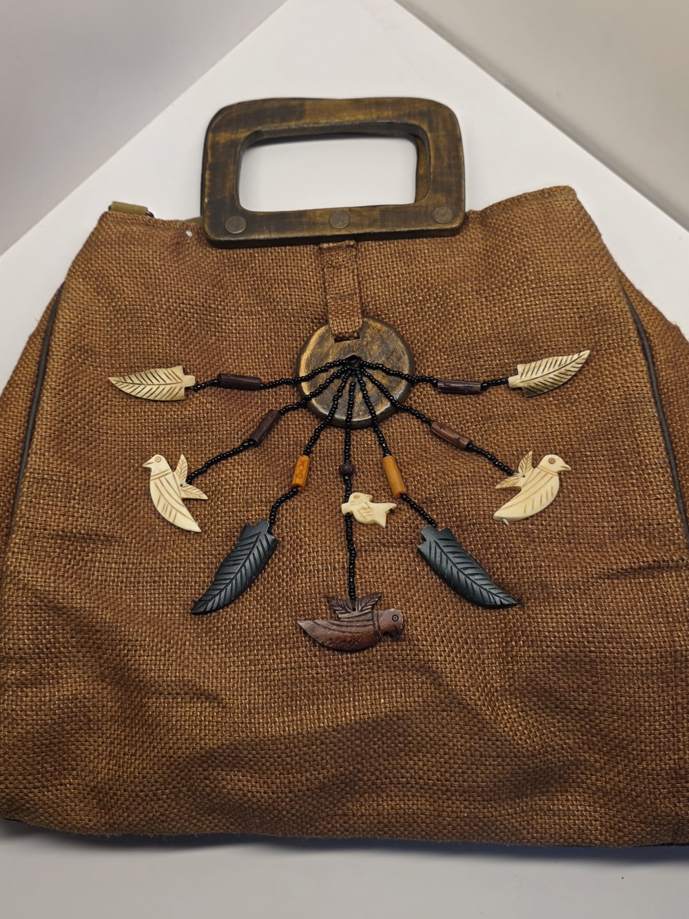 Vintage Boho Jute Burlap Handbag Carved Wood Handle Bird Feather India Purse